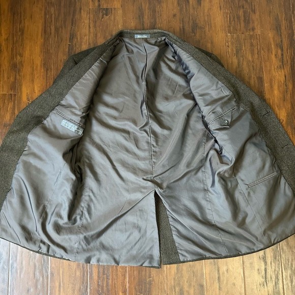 OSCAR DE LA RENTA Mens Brown Chevron Lambswool Sport Coat Elbow Patch - Picture 4 of 12